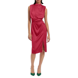 Donna Morgan Pink Gathered Sleeveless High Neck Satin Midi Cocktail Dress 4 NWT